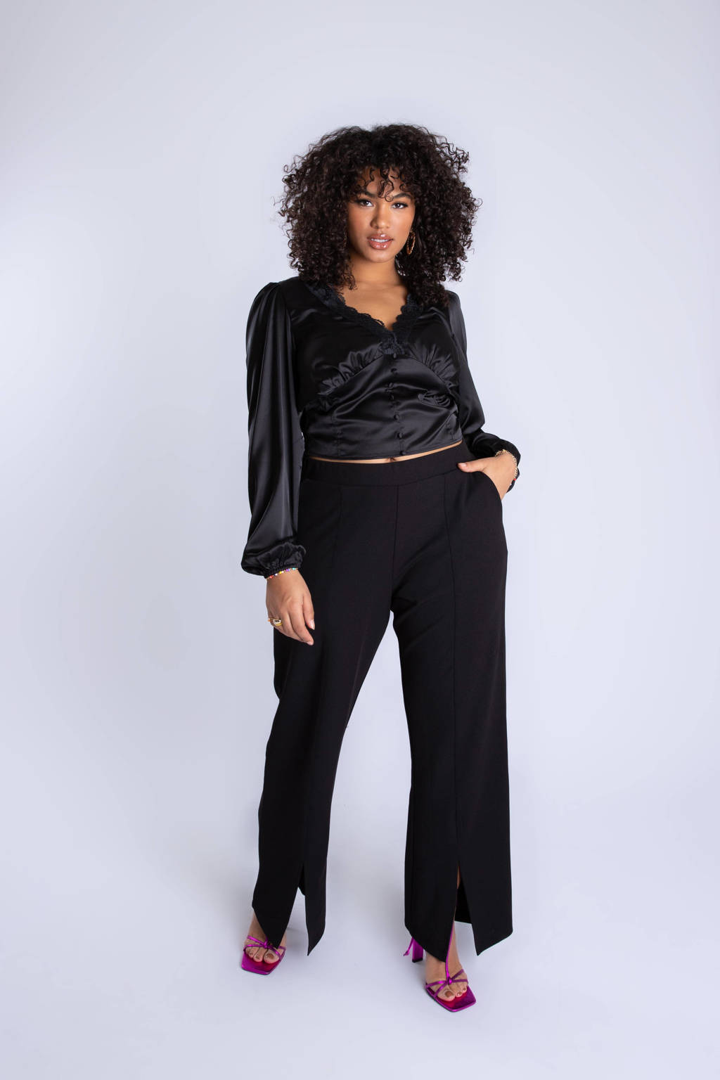 Zwarte dames MS Mode flared broek van polyester met regular waist en elastische tailleband