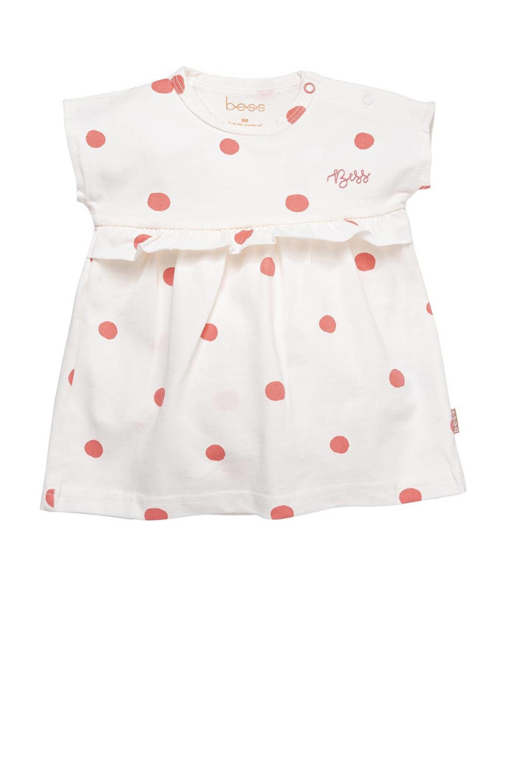Ecru, off white en rode meisjes B*E*S*S baby jurk met ruches van stretchkatoen met stippenprint, korte mouwen en ronde hals