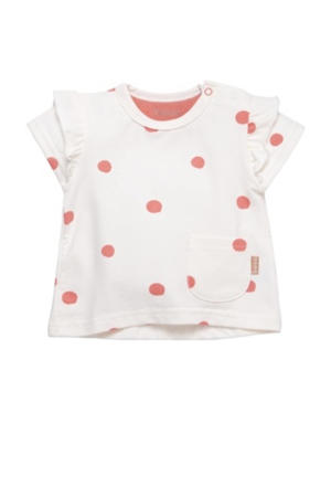 baby basic T-shirt met stippen en ruches off white/rood