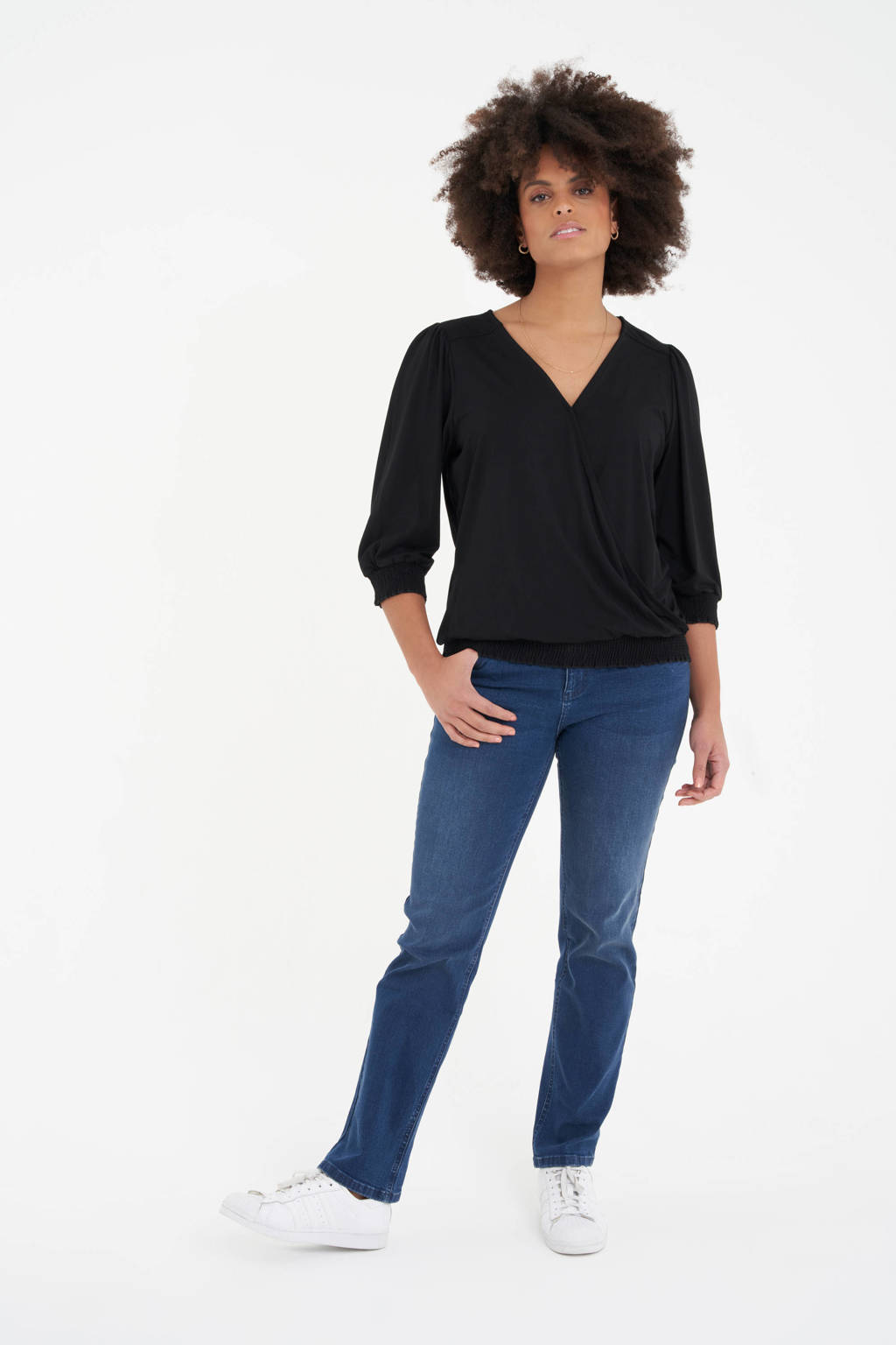 Zwarte dames MS Mode geweven overslag top van viscose met driekwart mouwen en elastische boord