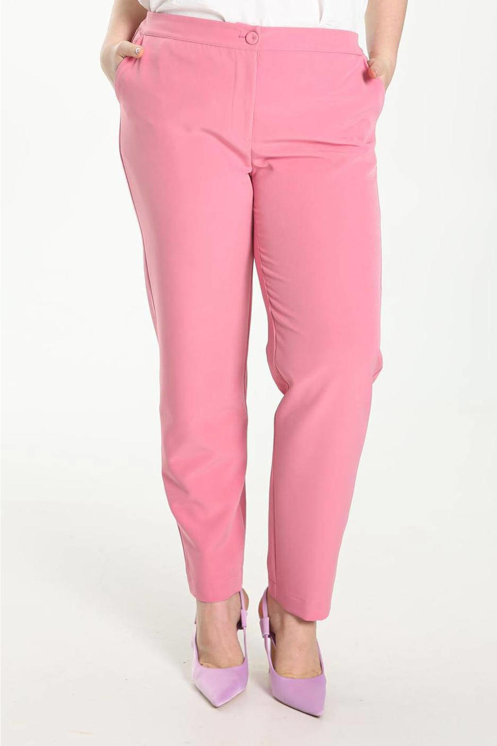 Roze dames PROMISS pantalon elastische band van polyester met slim fit, regular waist en rits- en knoopsluiting