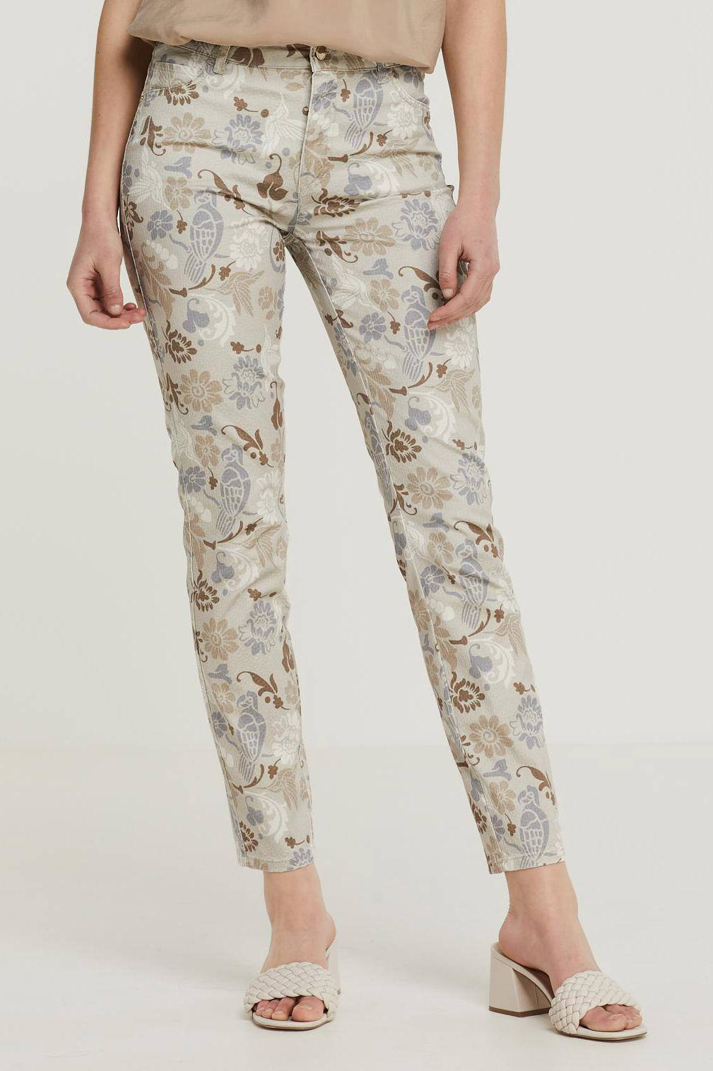 ROSNER gebloemde high waist slim fit broek zand/ bruin | wehkamp