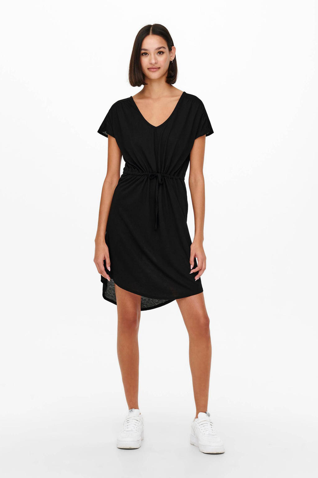 Zwarte dames JDY jurk van polyester met korte mouwen, V-hals, striksluiting en tunnelkoord