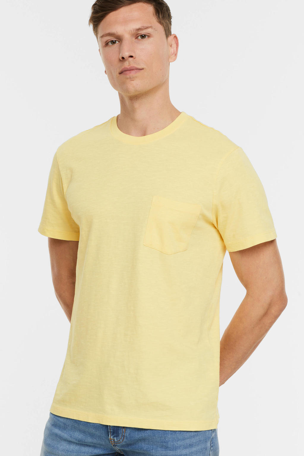 Gele heren Anytime T-shirt van katoen met effen, korte mouwen en ronde hals