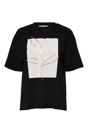 T-shirt SLFMANDA  van biologisch katoen zwart/lichtroze/goud