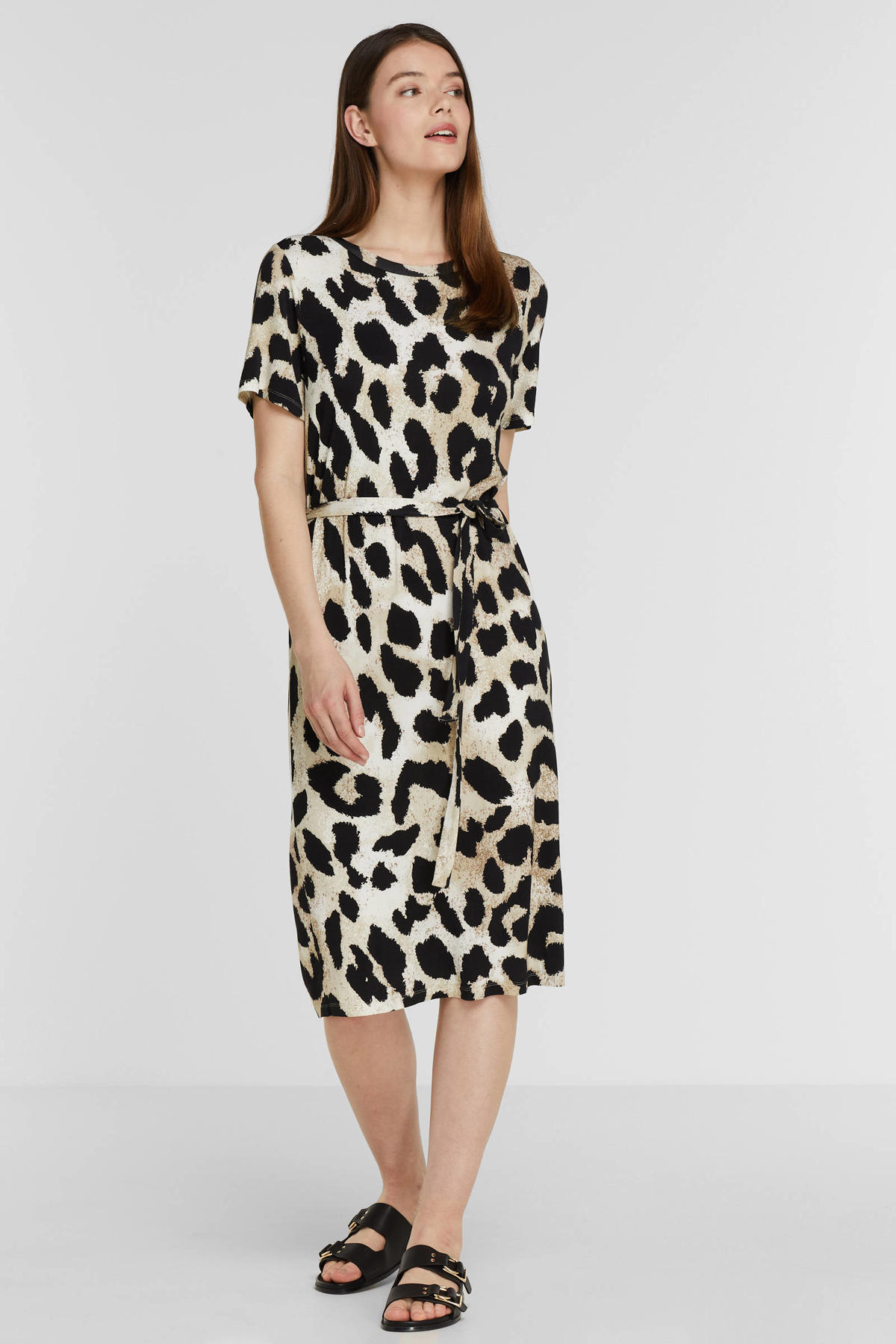 OBJECT jurk OBJMONI met all print en ceintuur beige/zwart | wehkamp