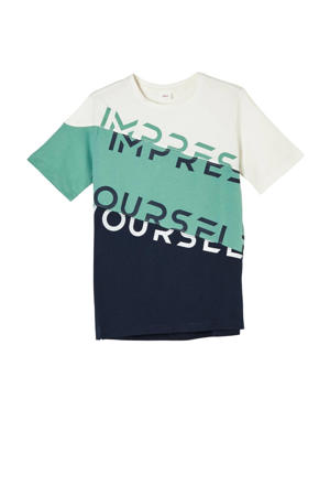 T-shirt ecru/turquoise/donkerblauw