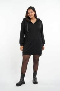 Zwarte dames MS Mode sweatjurk van katoen met lange mouwen, capuchon en elastische boord
