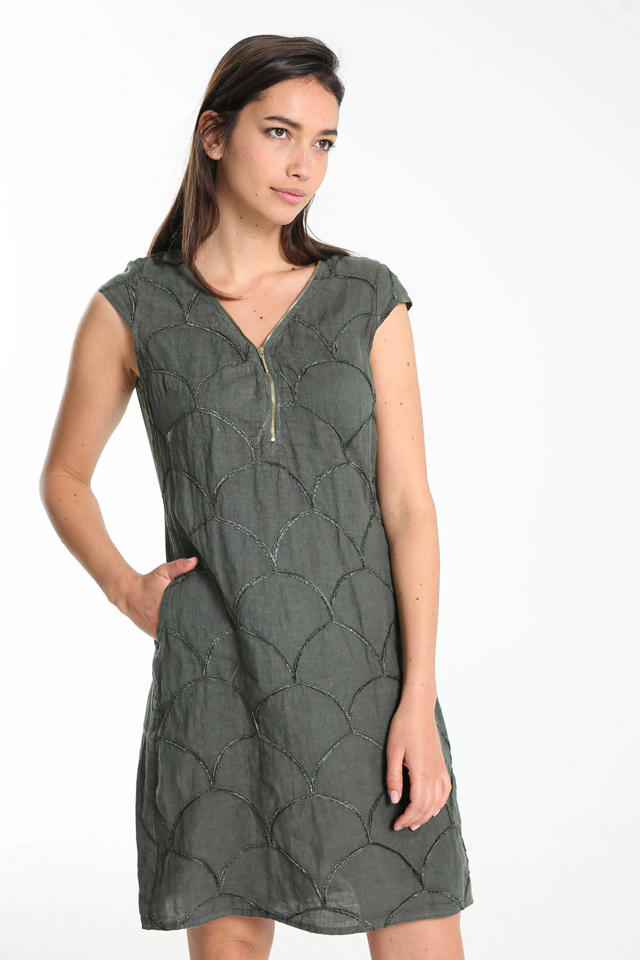 wastafel extreem reservering Cassis linnen jurk met grafische print kaki | wehkamp