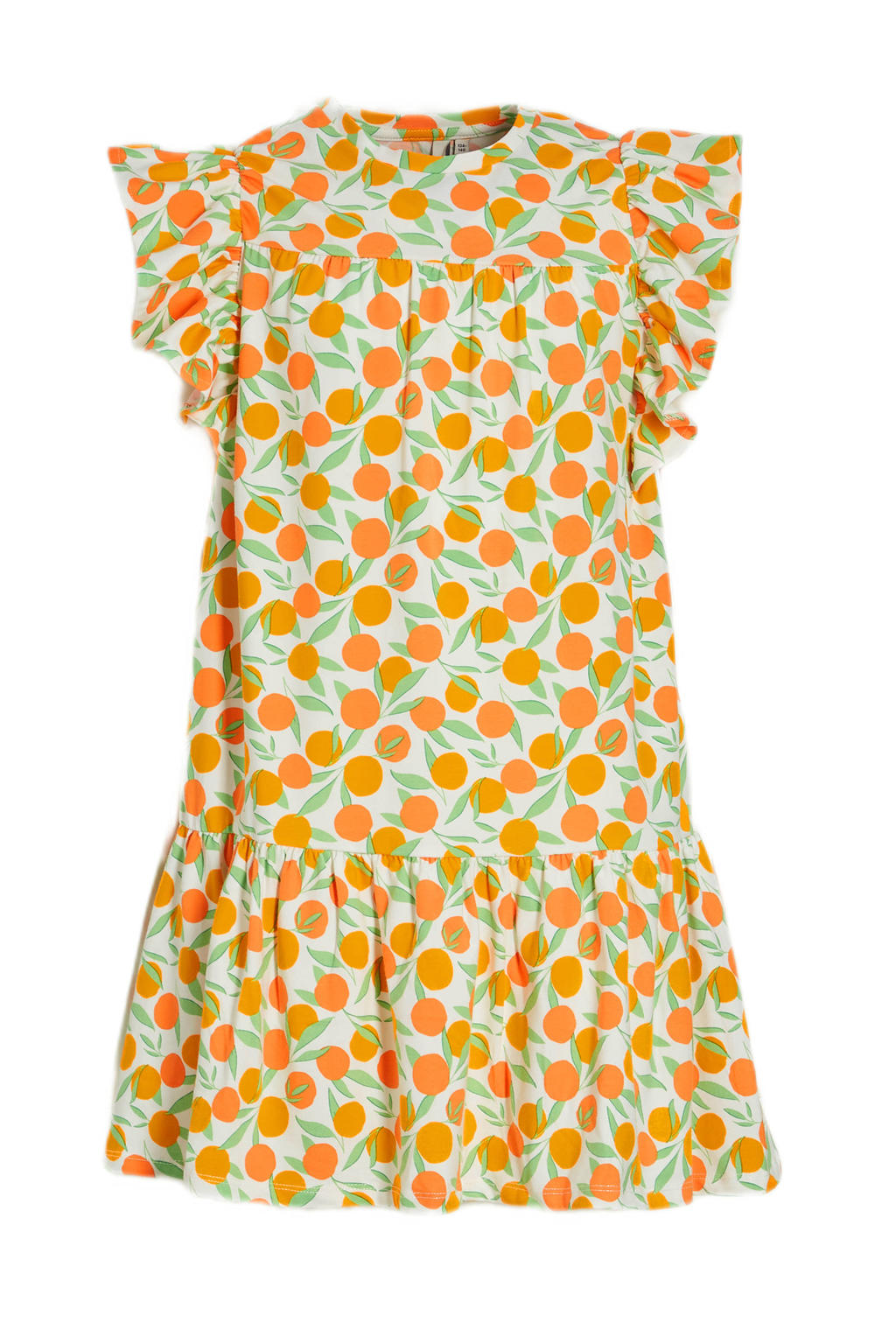 PIECES KIDS jurk LPLIMA met all over print en ruches wit/oranje/groen