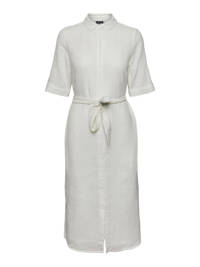 Witte dames PIECES blousejurk van katoen met half lange mouwen, klassieke kraag, knoopsluiting en ceintuur