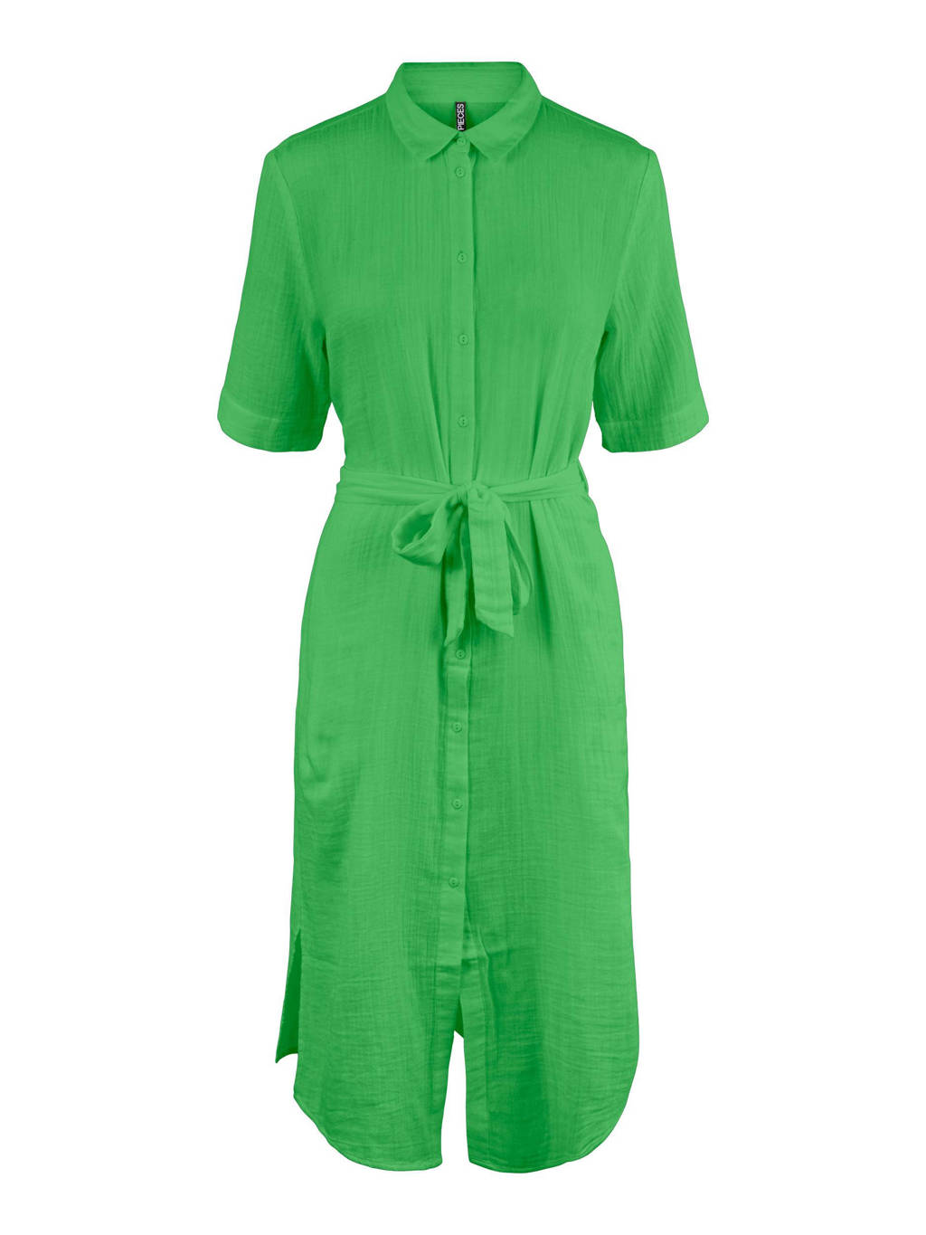 Groene dames PIECES blousejurk van katoen met half lange mouwen, klassieke kraag, knoopsluiting en ceintuur