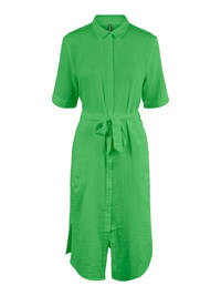 Groene dames PIECES blousejurk van katoen met half lange mouwen, klassieke kraag, knoopsluiting en ceintuur