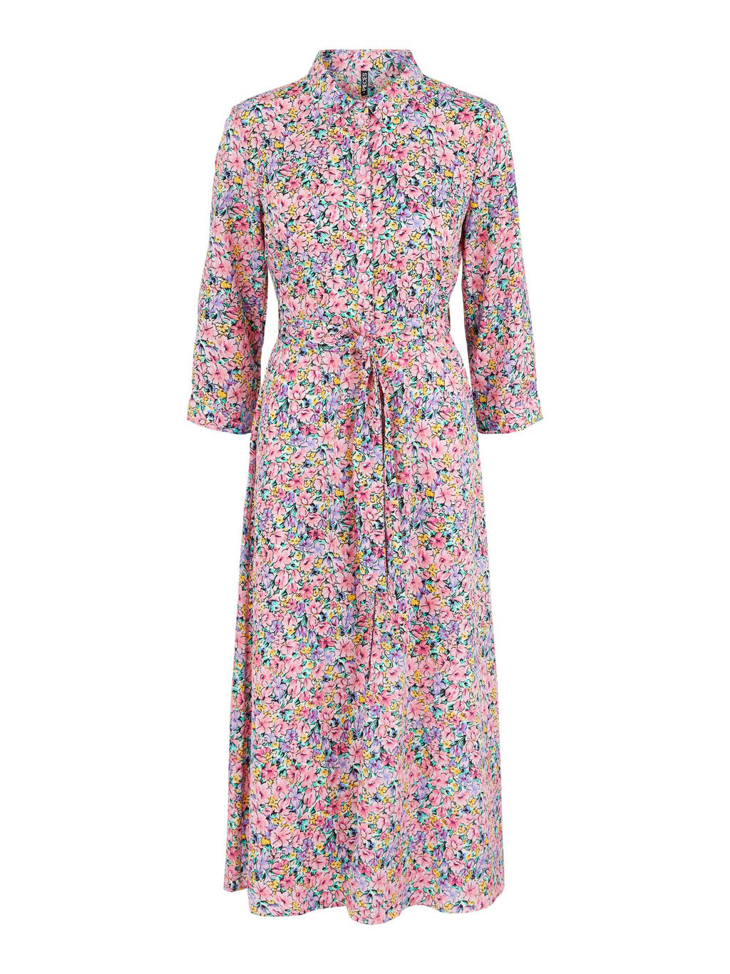 Roze, paars en groene dames PIECES gebloemde maxi blousejurk van polyester met driekwart mouwen en klassieke kraag