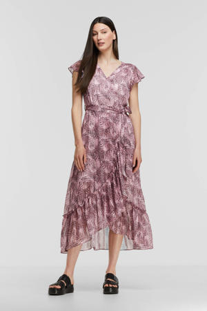 jurk Chantal van chiffon kwaliteit met bladprint en volant roze