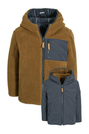 reversible teddy winterjas Nietap bruin/donkerblauw
