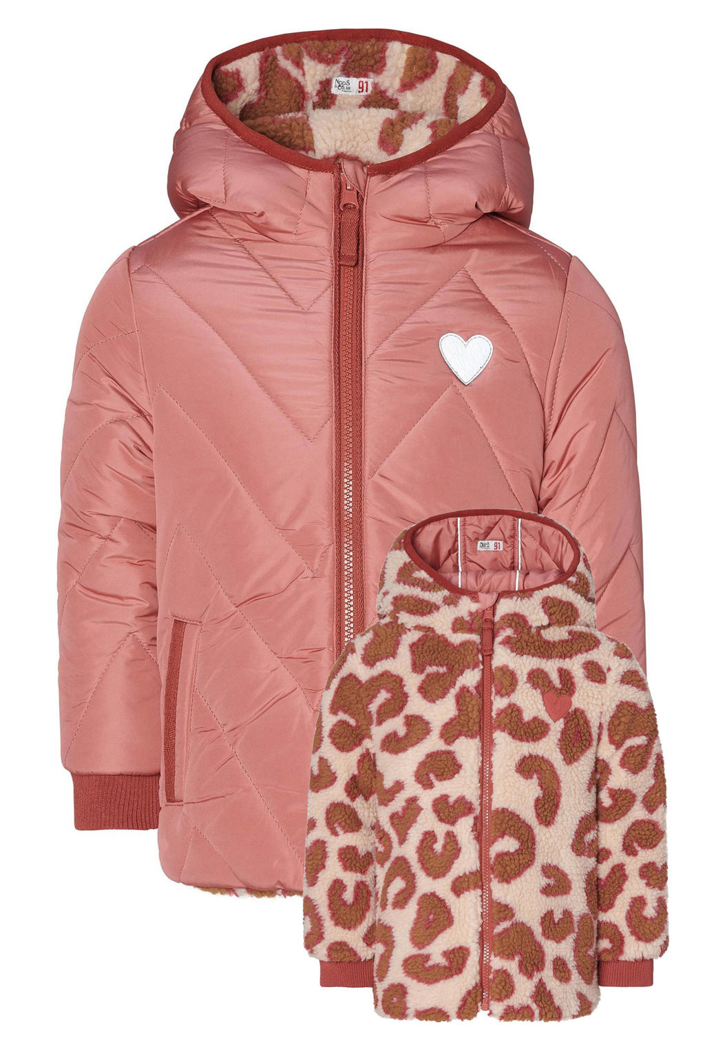 Noppies gewatteerde winterjas Nieuwaal met all over print roze/wit/bruin