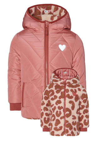 gewatteerde winterjas Nieuwaal met all over print roze/wit/bruin