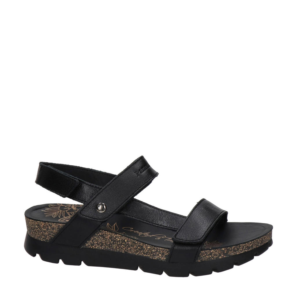 Zwarte dames Panama Jack Sally Basic leren sandalen met klittenband en effen
