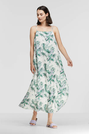 maxi jurk Vikilina met bladprint gebroken wit/ groen
