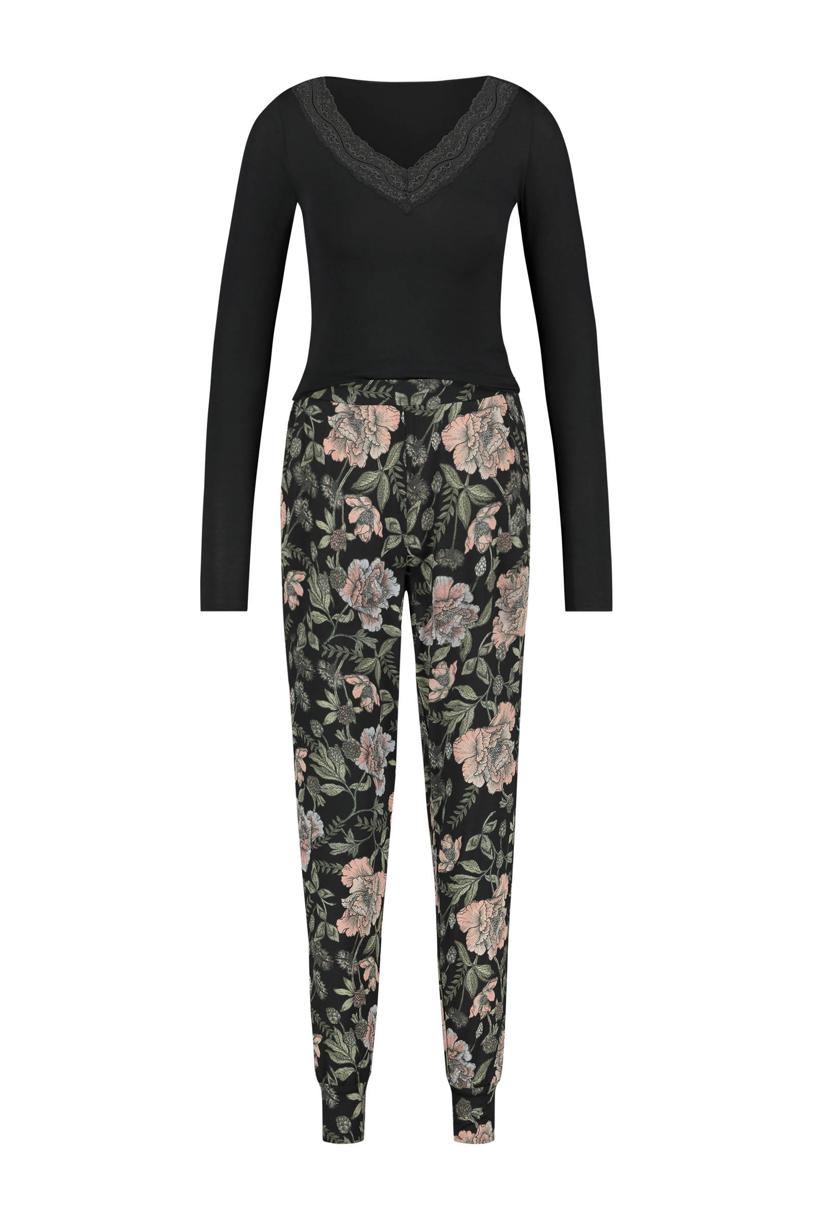 wehkamp Dames Kleding Nachtmode Pyjamas Pyjama met bloemenprint zwart/roze 