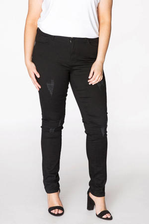 high waist skinny jeans met slijtage zwart