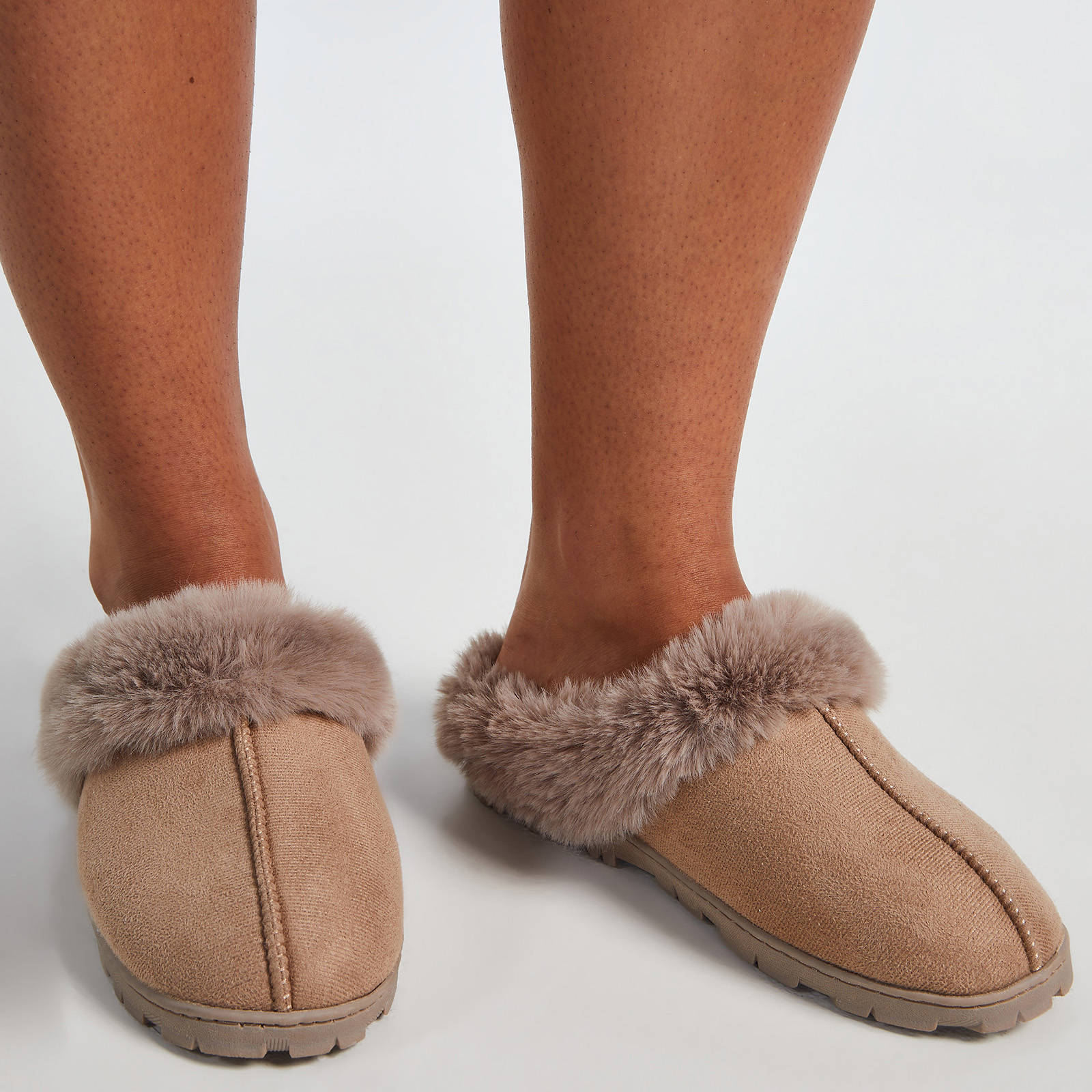 Hunkemöller suèdelook pantoffels met imitatiebont bruin | wehkamp