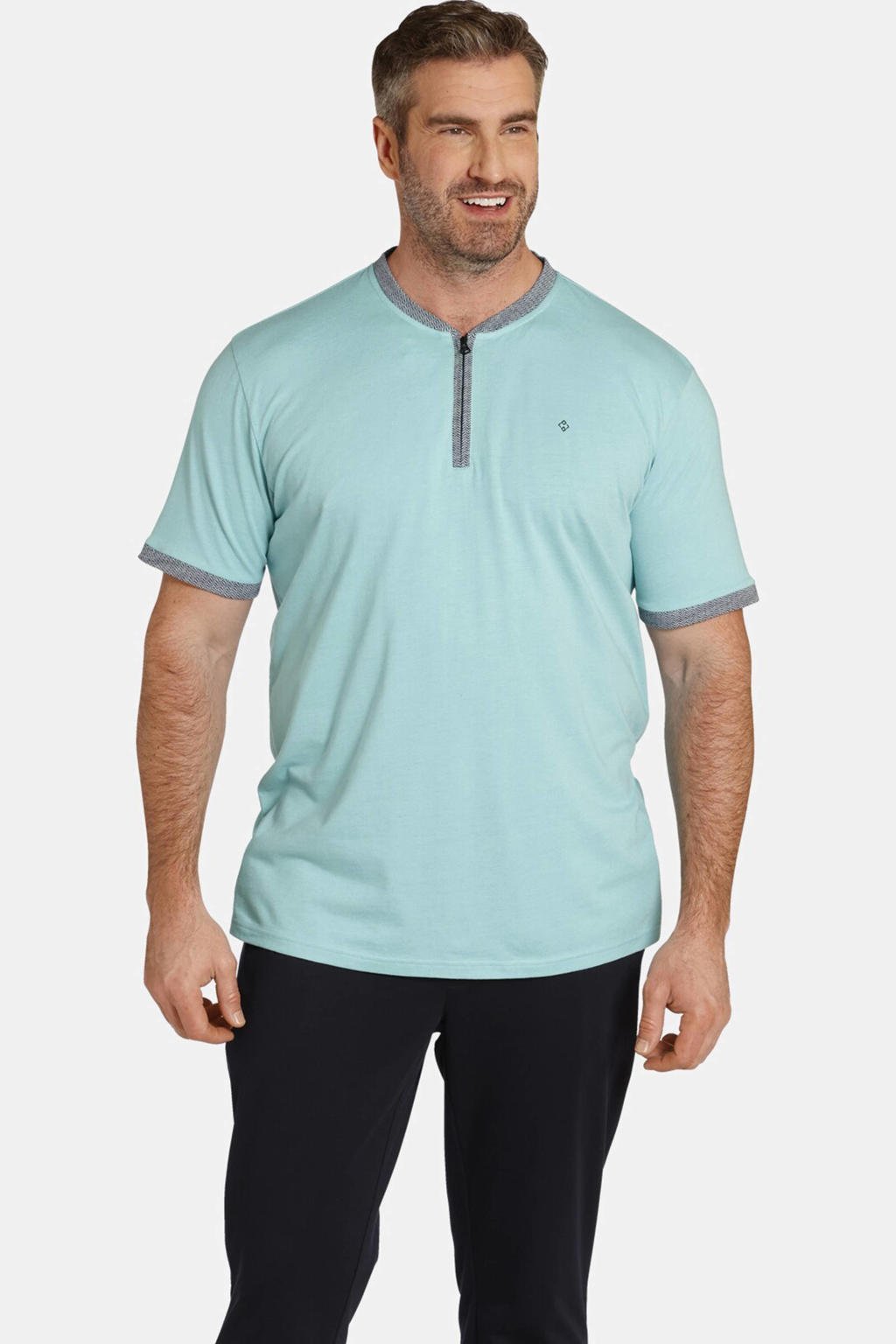 Turquoise heren Charles Colby regular fit T-shirt Plus Size van katoen met korte mouwen, ronde hals, ritssluiting en contrast bies