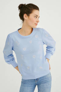 Lichtblauwe dames C&A sweater van katoen met lange mouwen, ronde hals en borduursels