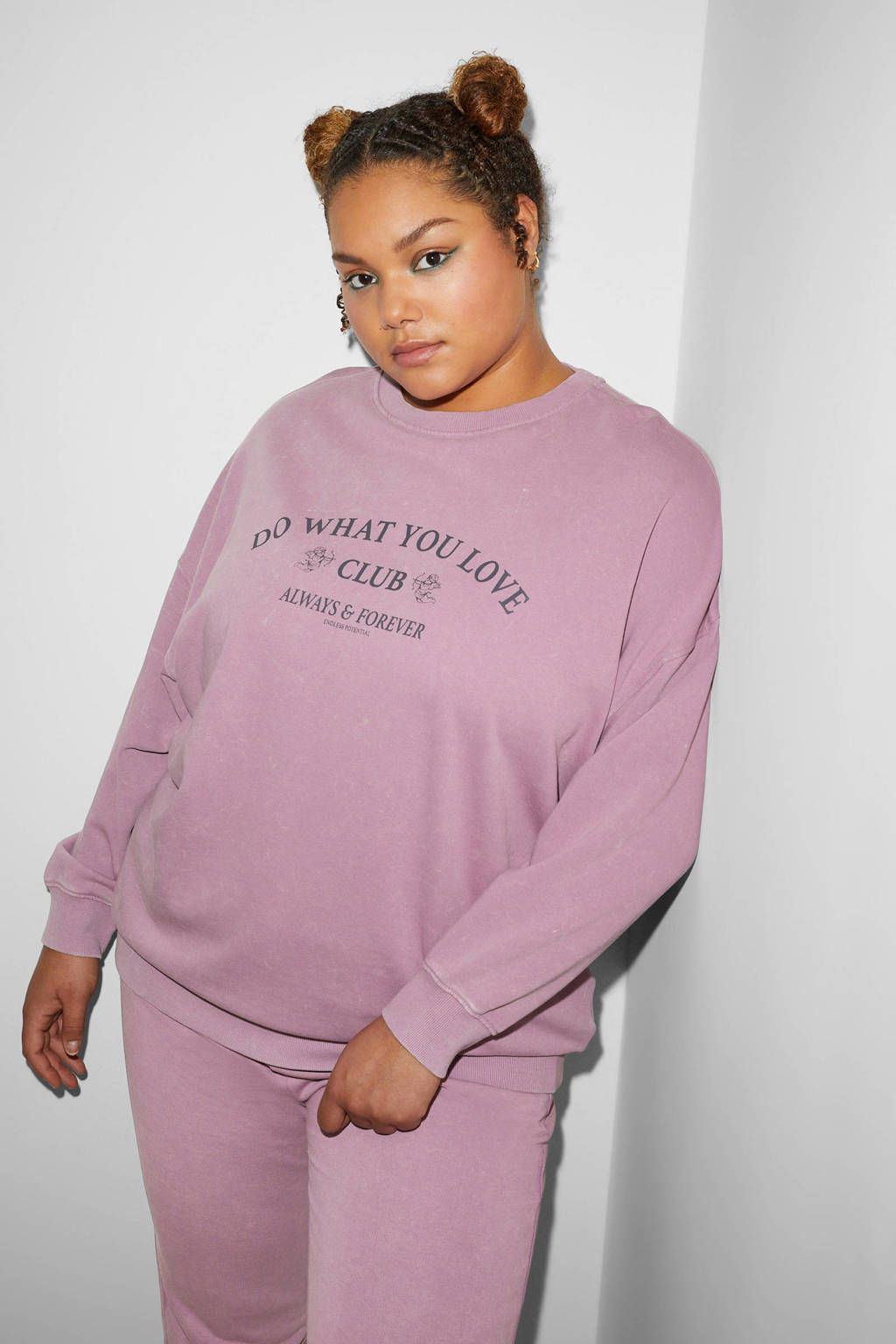 Roze dames C&A XL Clockhouse sweater van katoen met tekst print, lange mouwen en ronde hals