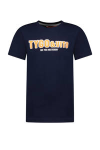 Donkerblauwe jongens TYGO & vito T-shirt van stretchkatoen met logo dessin, korte mouwen en ronde hals