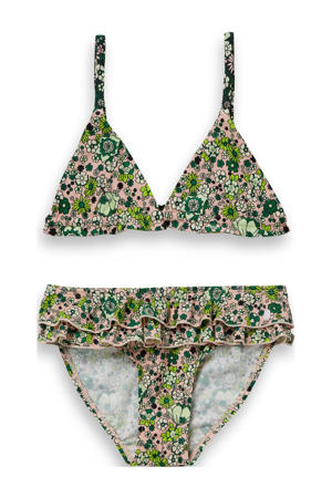 gebloemde triangel bikini met ruches roze/groen