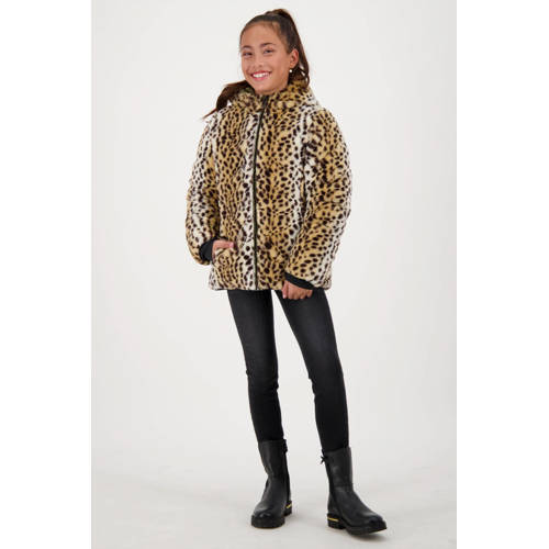 Vingino Telly faux fur lined winter coat with army green/brown panther print