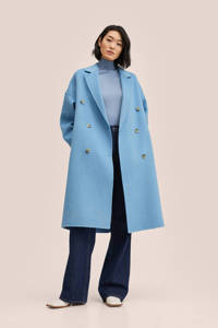 Blauwe dames Mango coat van wol met lange mouwen, sjaalkraag en knoopsluiting