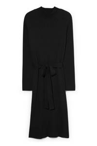 Zwarte dames C&A XL Clockhouse ribgebreide jurk van viscose met lange mouwen, ronde hals en ceintuur