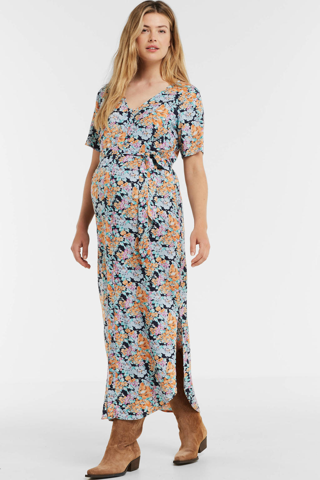 PIECES Maternity gebloemde zwangerschapsjurk PMSEMMY donkerblauw/lichtblauw/lichtoranje