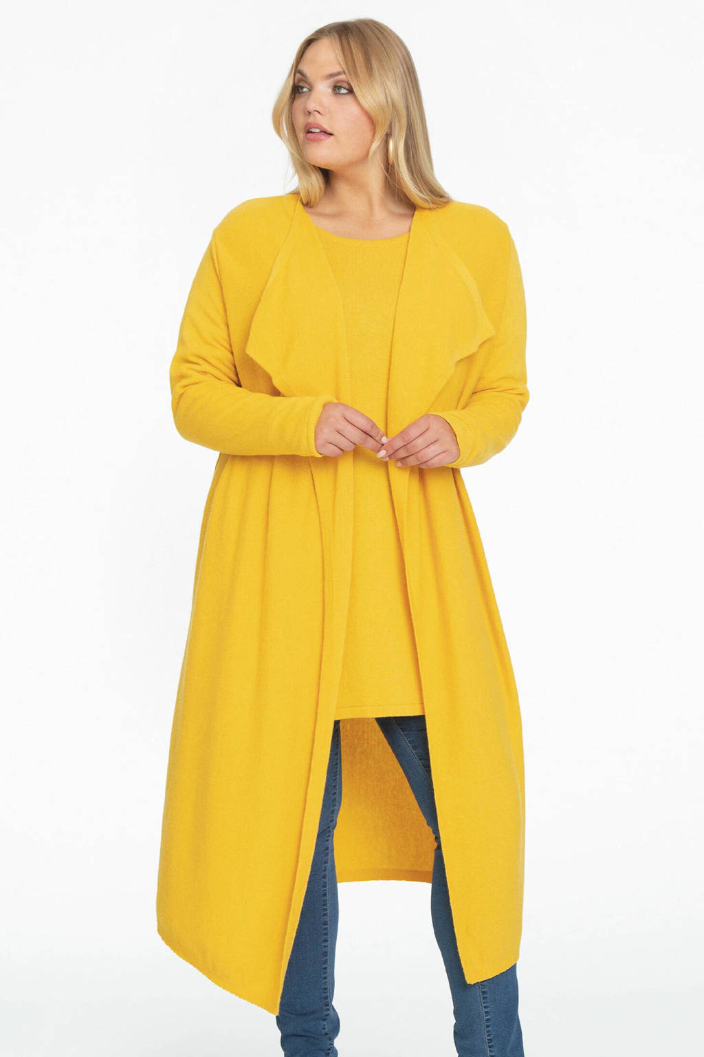 Gele dames Yoek fijngebreid vest van wol met lange mouwen en openvallende hals