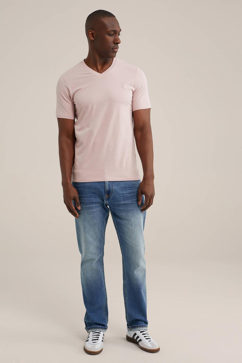 Lichtroze heren WE Fashion slim fit T-shirt van stretchkatoen met effen, korte mouwen en V-hals
