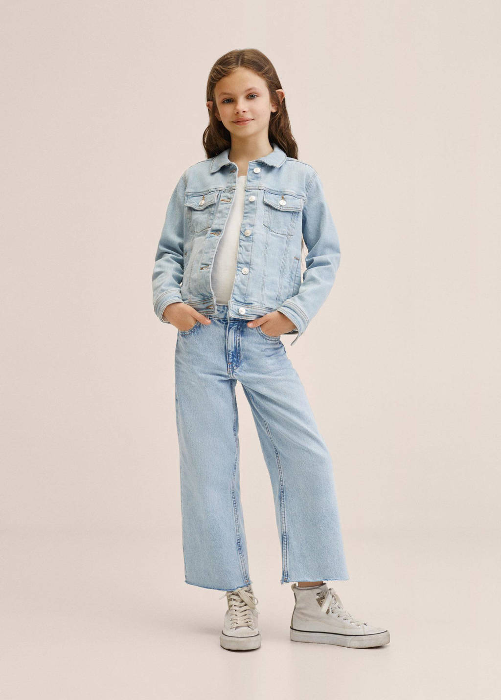 Lichtblauwe meisjes Mango Kids cropped wide leg jeans van denim met regular waist en rits- en knoopsluiting