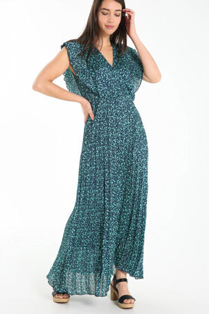 gebloemde maxi jurk in plisse turquoise/donkerblauw