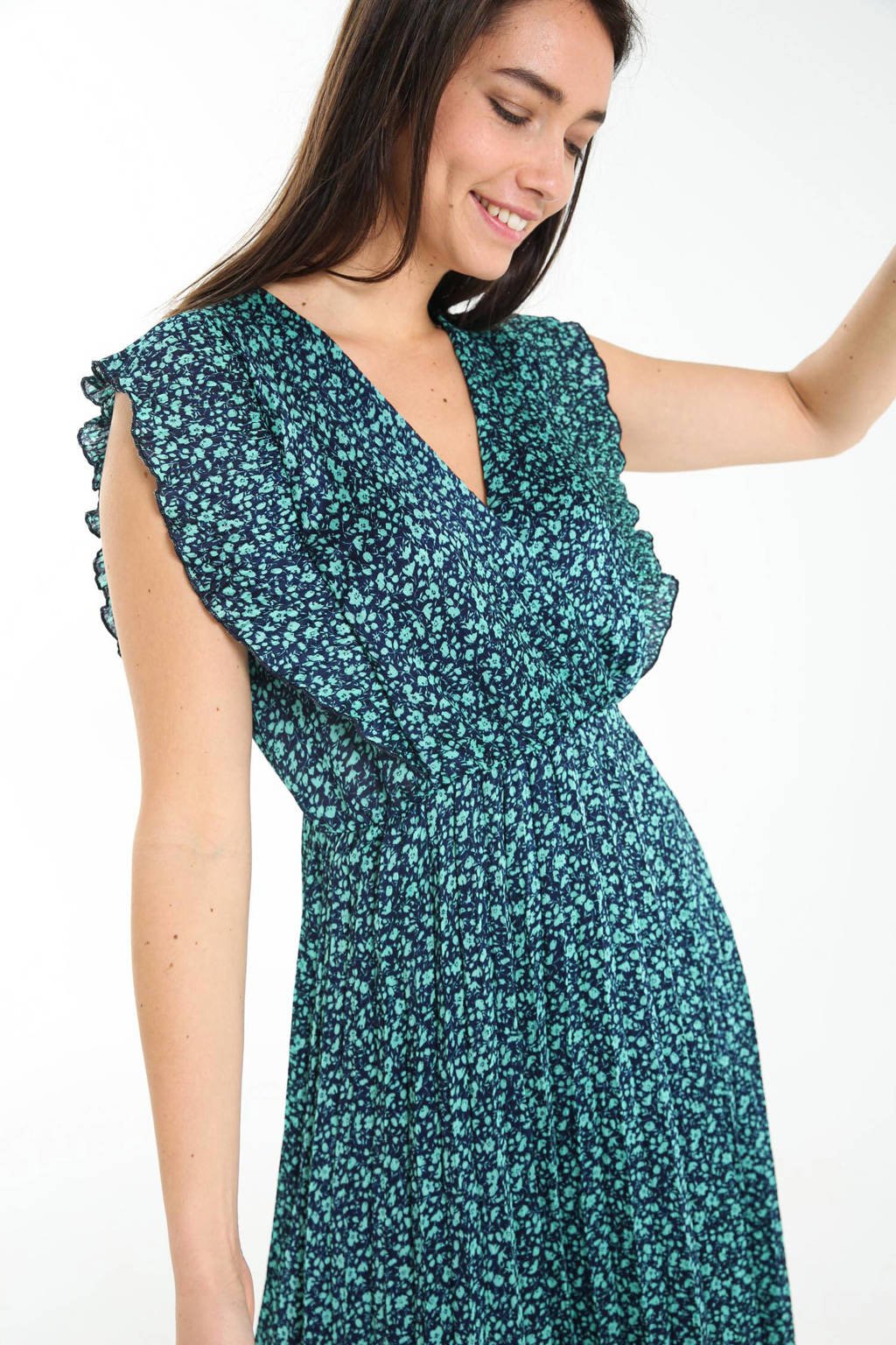 Turquoise dames Cassis gebloemde maxi jurk van polyester met kapmouwtjes, overslagkraag en plooien
