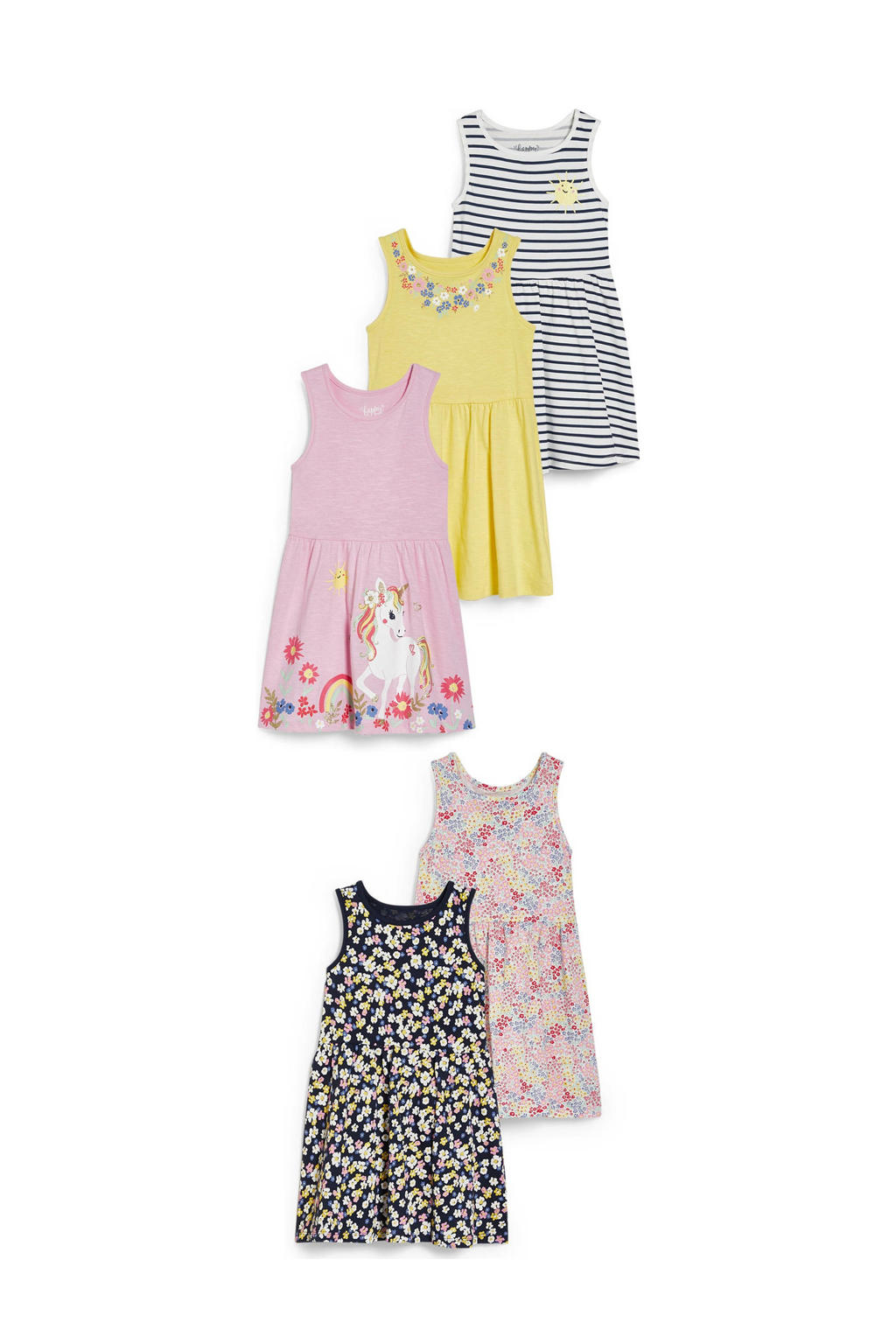 Set van 5 zwart, roze en gele meisjes C&A jurk van katoen met all over print en ronde hals