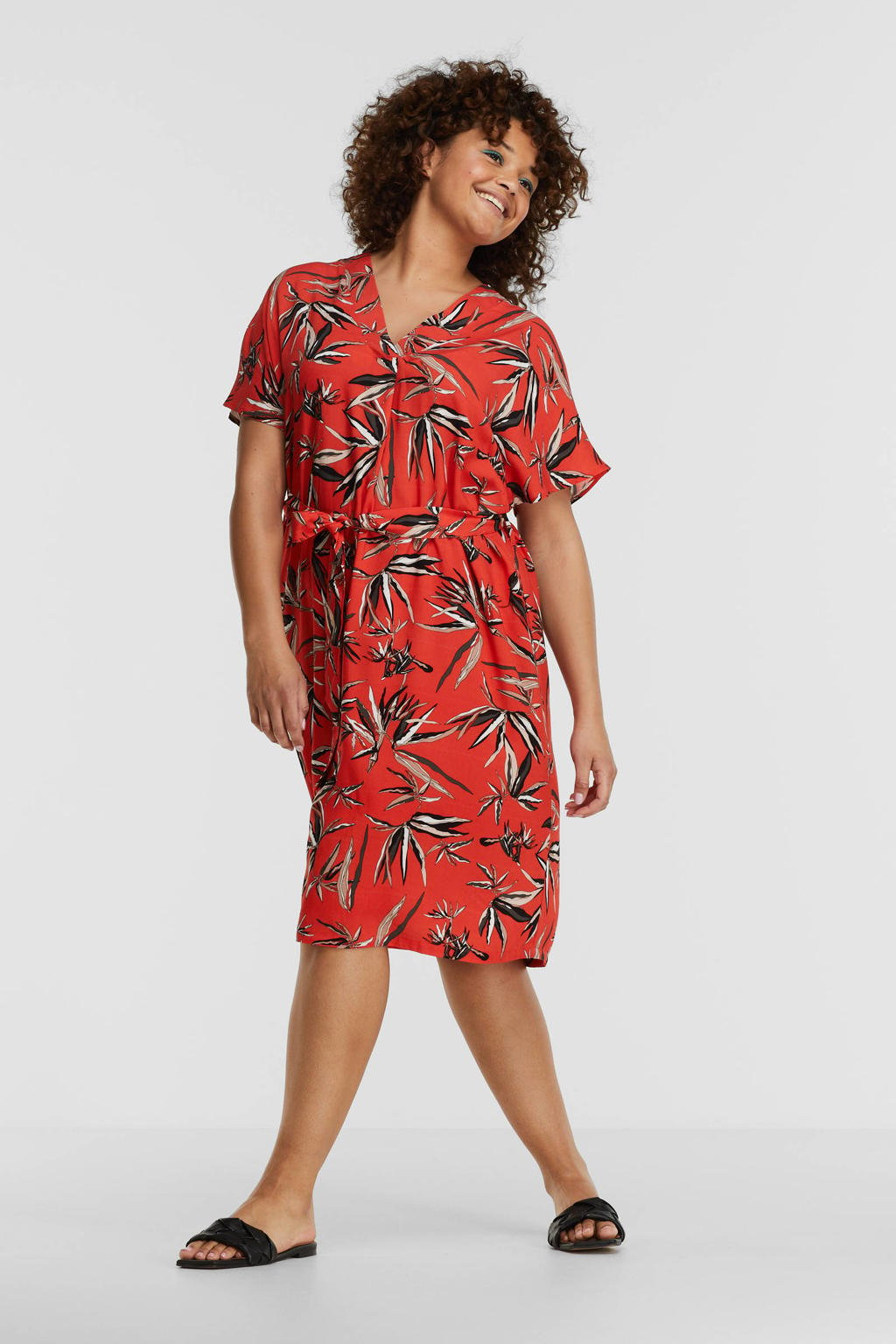 Rode dames GREAT LOOKS V-hals jurk tropical print van viscose met bladprint en kapmouwtjes