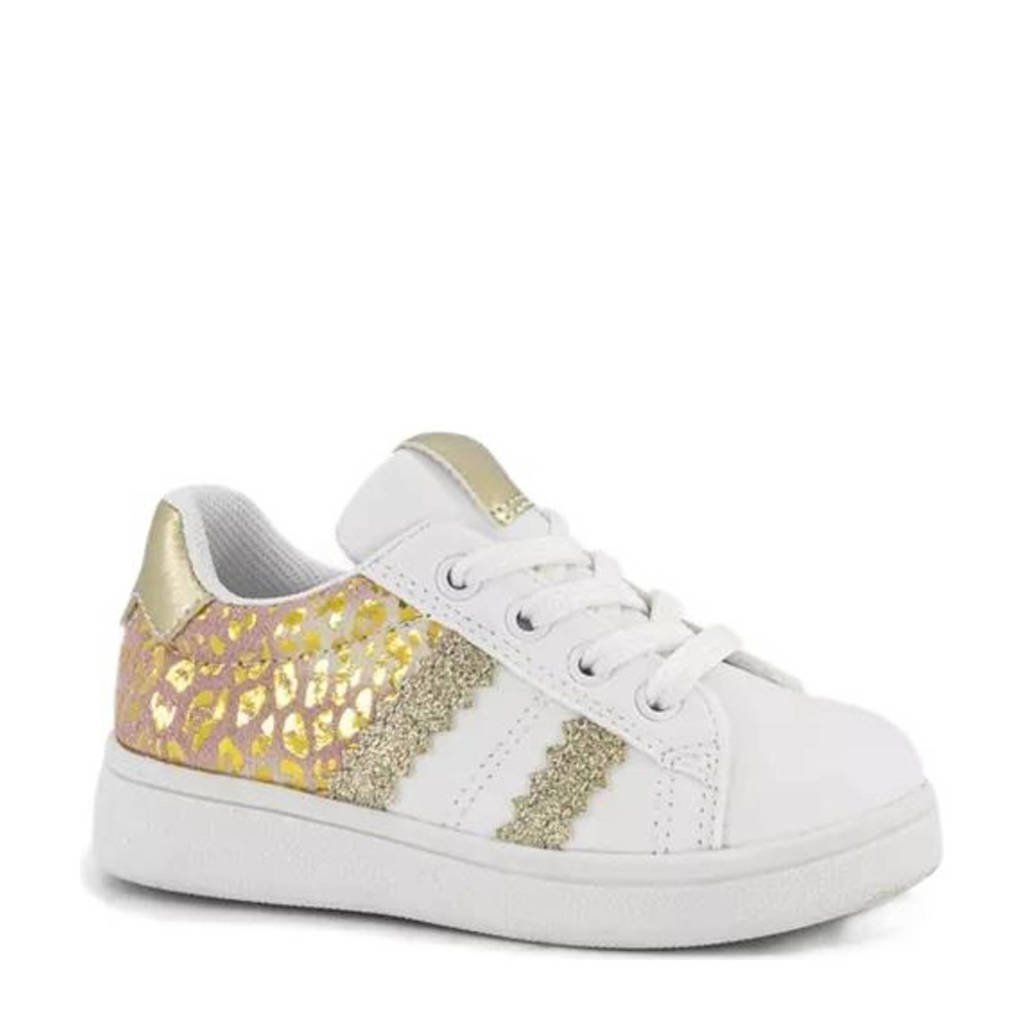 Wit en gouden meisjes Cupcake Couture sneakers met glitters van imitatieleer met rits- en vetersluiting en panterprint