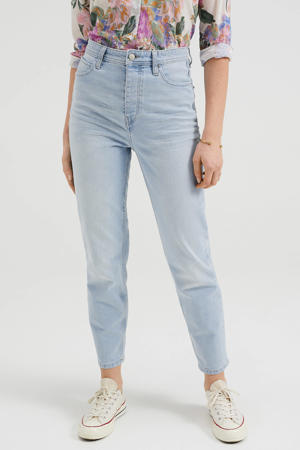 cropped high waist tapered fit jeans light denim