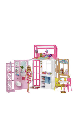  Dollhouse Playset with Doll & House with 2 Levels & 4 Play Areas