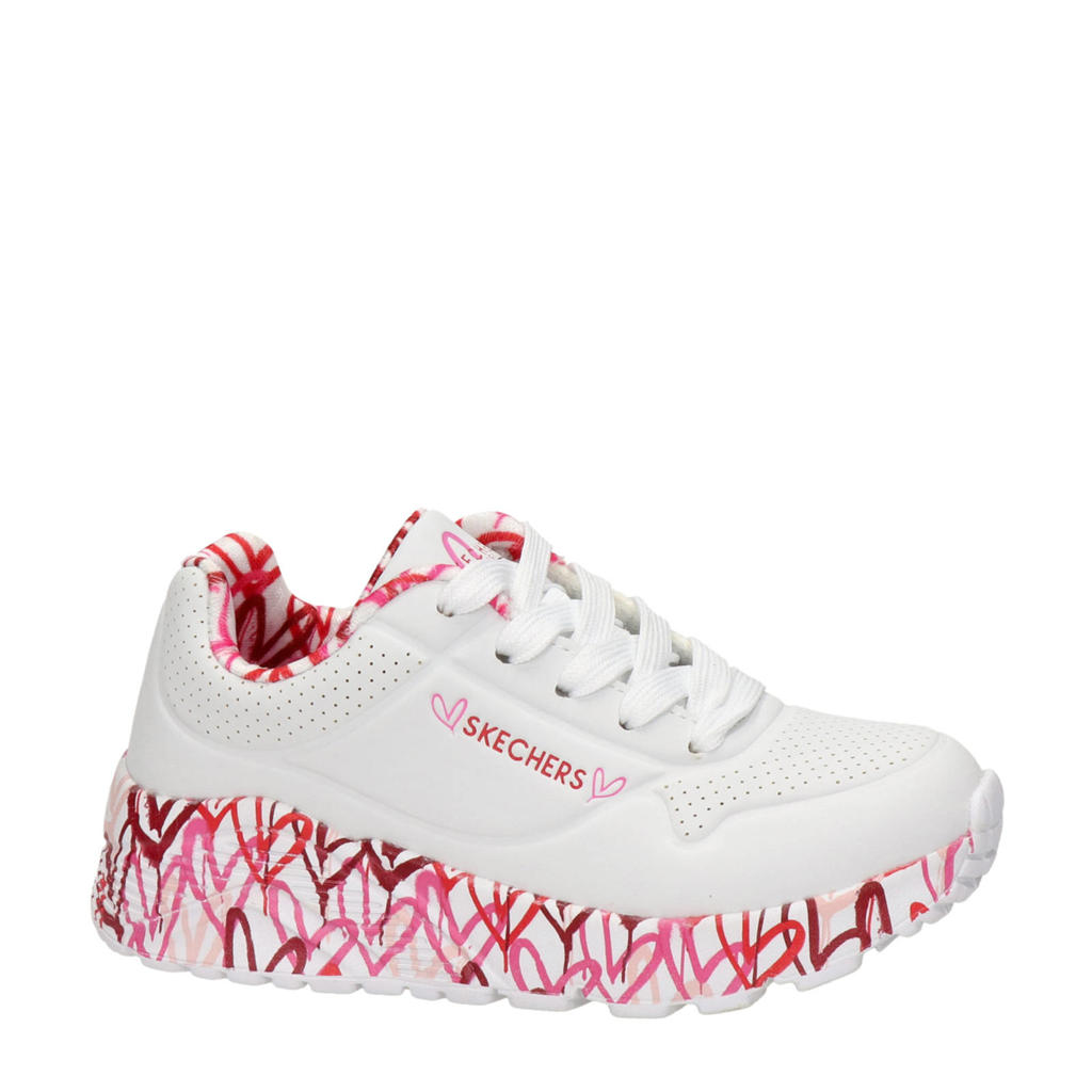 Wit, rood en roze meisjes Skechers Uno Light sneakers van imitatieleer met veters en hartjesprint