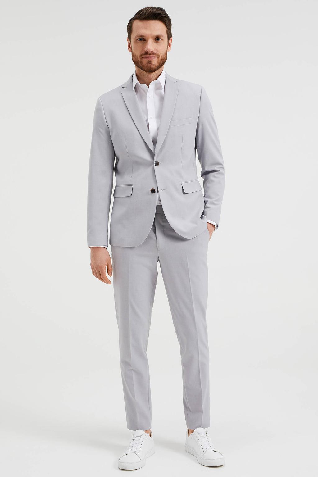 Lichtgrijze heren slim fit colbert melange van polyester met effen, reverskraag en geweven detail