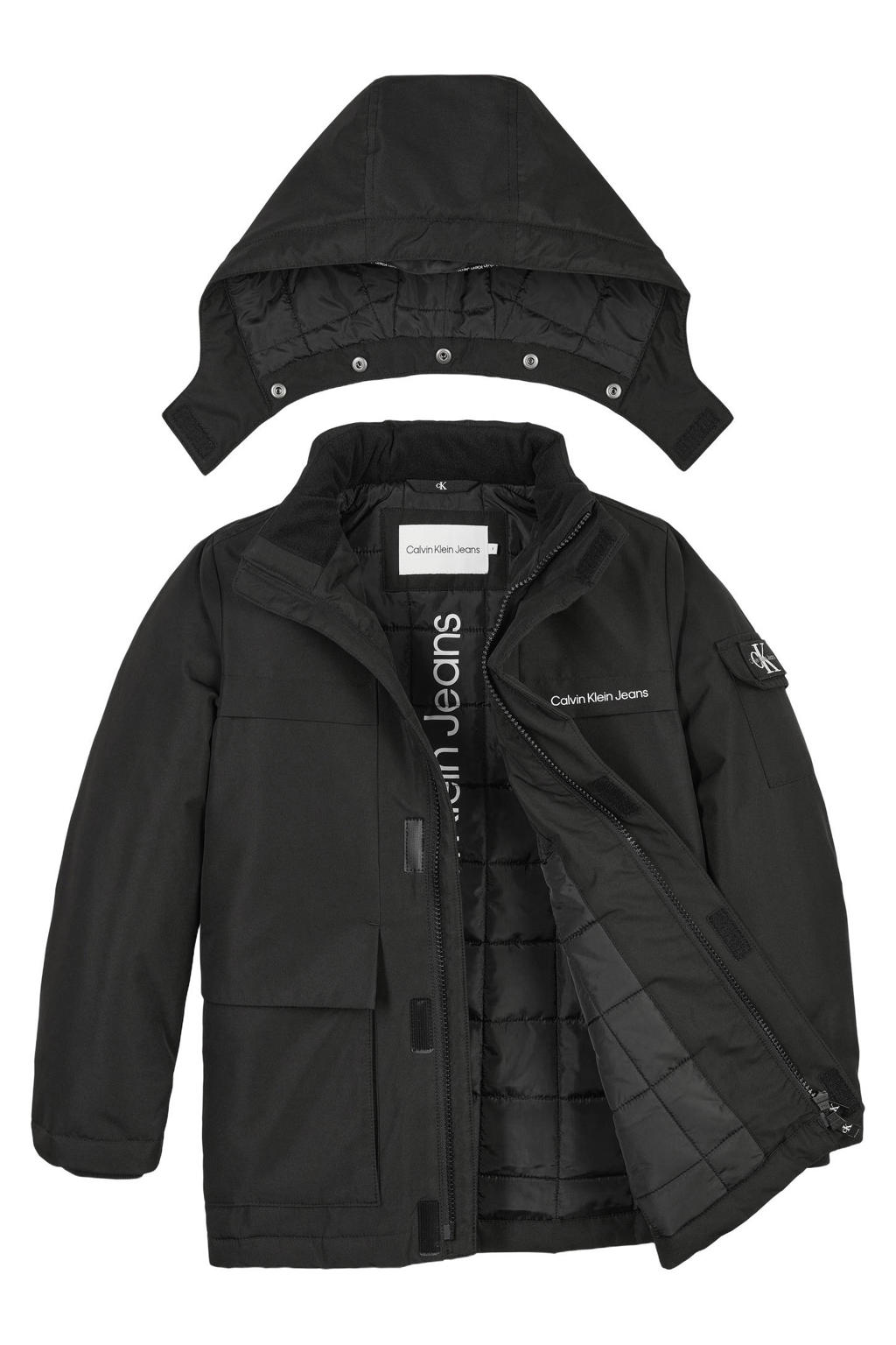 Zwarte jongens Calvin Klein winterjas van polyester met logo dessin, lange mouwen, capuchon en ritssluiting