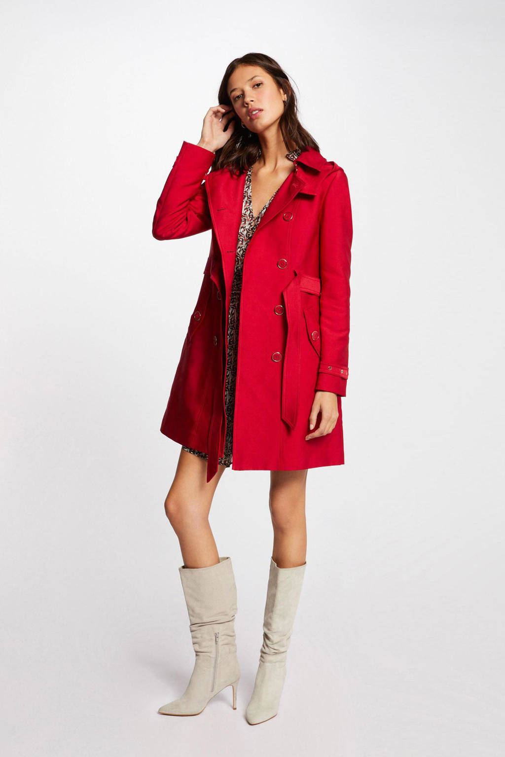 Rode dames Morgan trenchcoat jas van polyester met lange mouwen, capuchon, knoopsluiting en ceintuur
